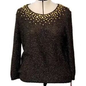 RUBY ROAD: BLACK AND GOLD KNIT 3/4 SLEEVE PULLOVER SWEATER SIZE LARGE